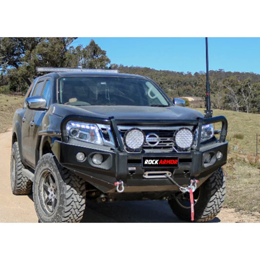 Black off-road pickup truck with Rockarmor Elite Bullbar and synthetic winch rope installation