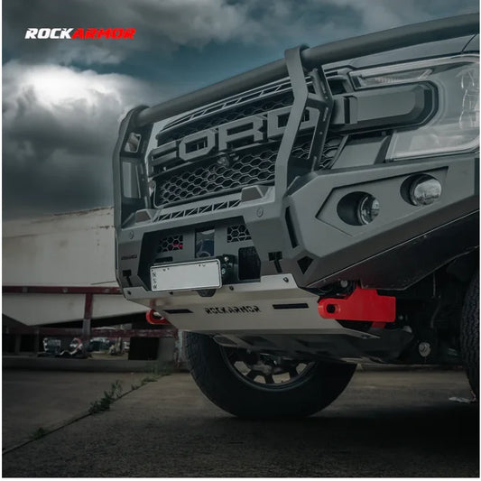 Ford truck with Rockarmor GT Bull aftermarket bumper and driving lights installed