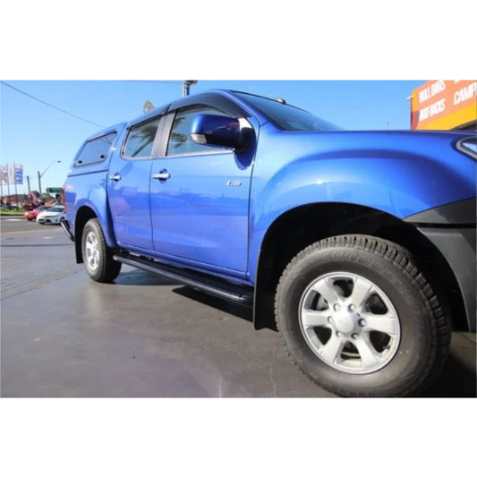 Blue four-door pickup truck with steel checker plate side steps for Isuzu Dmax