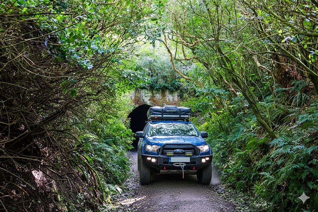 Kitted up Ford Ranger on tunnel hill track Catlins NZ 