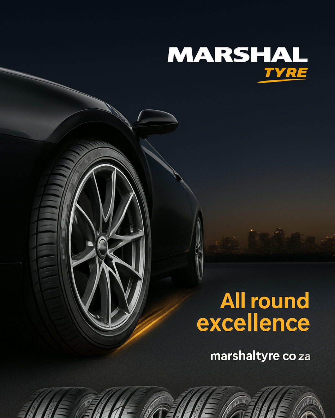 Marshal All round excellence tyres with highway tyre and All-Terrain (AT) tyres under black car vehcile