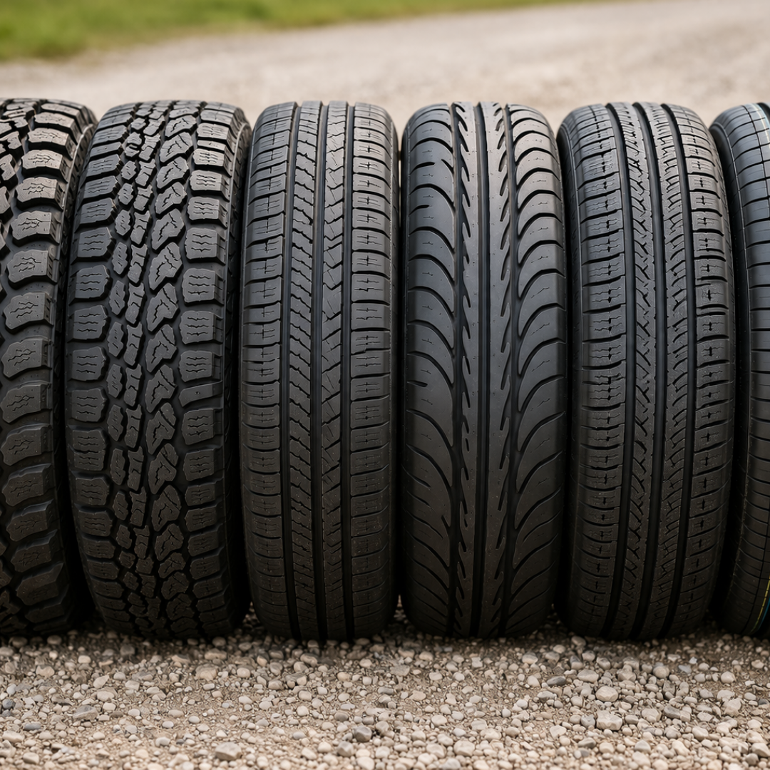 Selection of different types of tyre treads, Mud-Terrain, All-Terrain, highway, eco, and comfort tyres