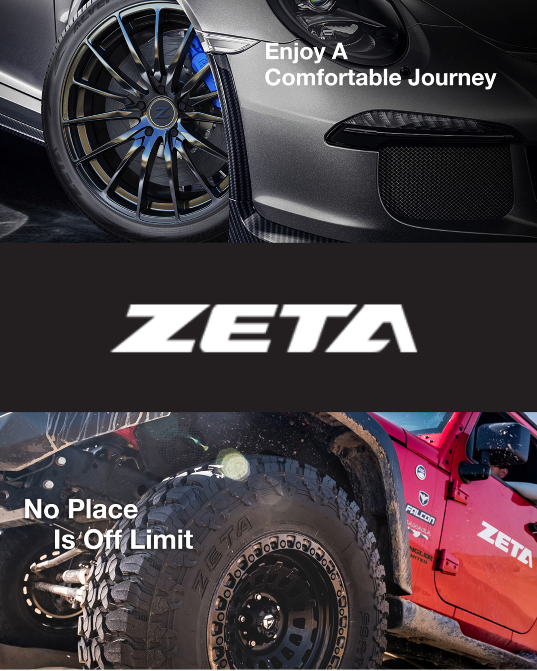 Silver sports car with Zeta highway tyres and red 4x4 jeep wrangler off-roading with Zeta Mud-Terrain (MT) tyres