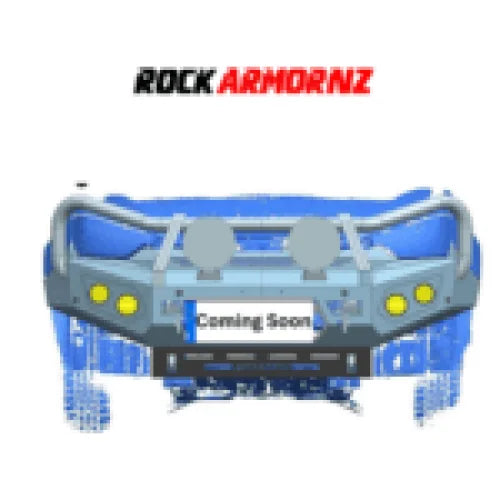 Off-road vehicle bumper with brush guard and mounting for driving lights on Rockarmor G T Bull