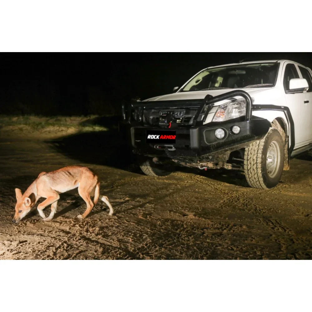 White Isuzu Dmax truck with Rockarmor Brushbar and black bull bar for enhanced protection