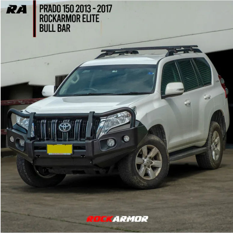 Silver Toyota Prado with a black elite bullbar and synthetic winch rope attachment