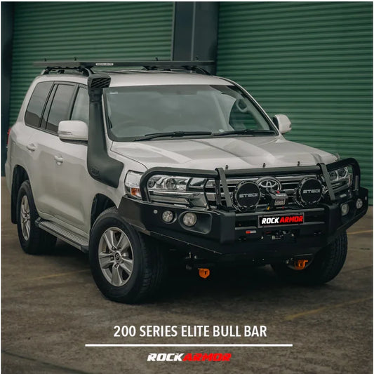 Silver SUV with black bull bar showcasing Rockarmor Elite Steel suit Toyota Landcruiser