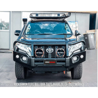 Black Toyota Prado with Elite Steel Bullbar front view for Rockarmor Elite Steel Bullbar