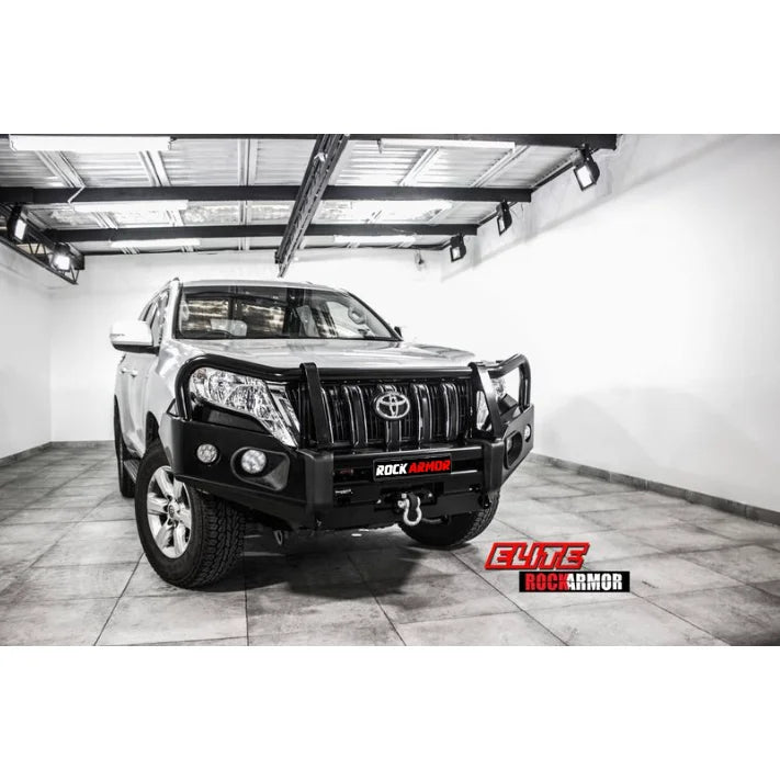Silver Toyota SUV with black elite steel bullbar designed for Toyota Prado Fj150 2018+