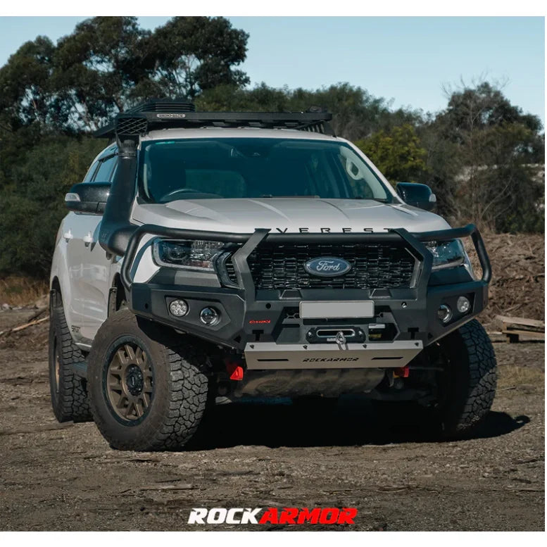 White Ford Everest with steel hoop bull bar and driving lights for off-road protection
