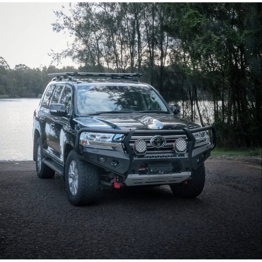 Black SUV with aftermarket bull bar featuring rated recovery points for Toyota 200 2015+