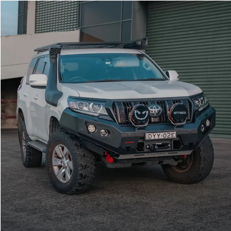 White off-road Toyota SUV with Rockarmor GT Steel Hoopless Bullbar for Toyota Prado 150