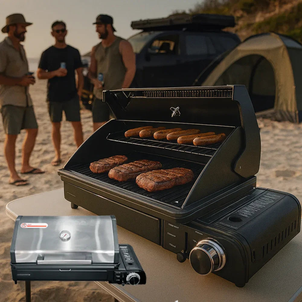 rockarmor portable gas bbq with meat cooking, 4x4 barbeques for off-road touring and travelling