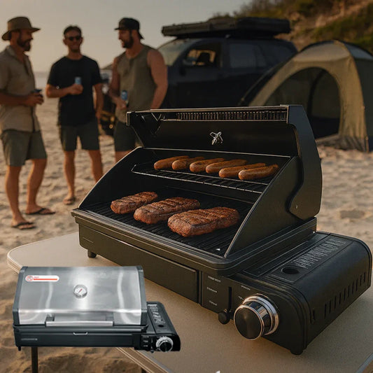 rockarmor portable gas bbq with meat cooking, 4x4 barbeques for off-road touring and travelling