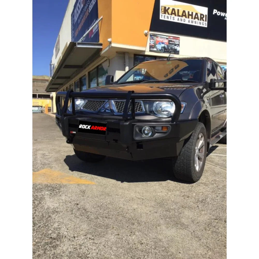 Black steel bull bar with fog light mounts on gray Mitsubishi Triton MN/ML 2006-2015