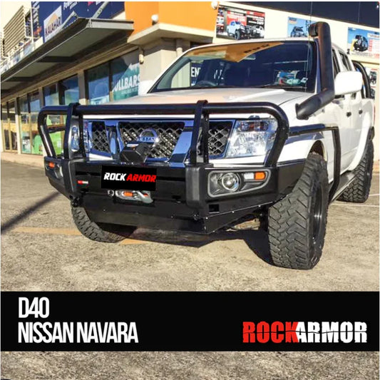 White Nissan Navara with black premium steel bullbar suitable for D40 2005-2015 models