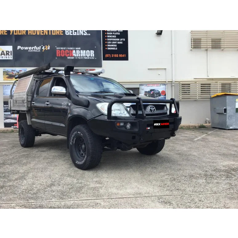 Black off-road pickup truck with Rockarmor premium steel bullbar for Toyota Hilux N70