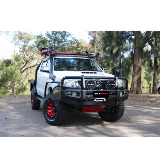 White off-road pickup truck with Rockarmor premium steel bullbar for Toyota Hilux N70