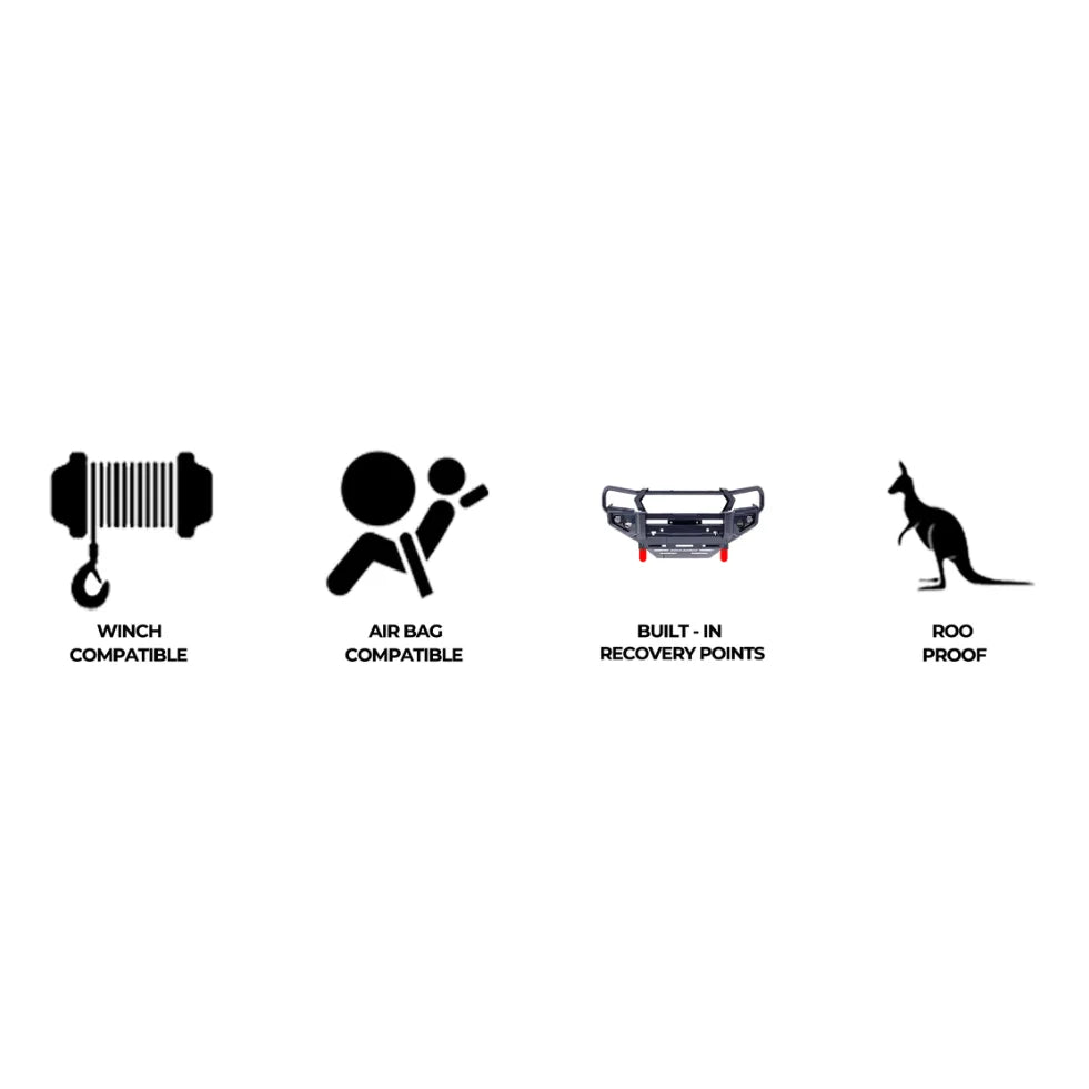 Vehicle accessory icons showing compatible fog lights for Rockarmor premium steel bullbar