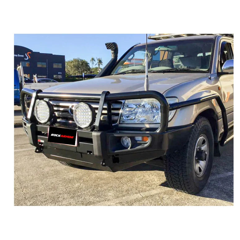 Off-road vehicle with Rockarmor premium steel bull bar and fog lights for Toyota Landcruiser