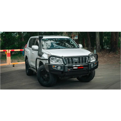Silver off-road vehicle with black premium steel bull bar and fog lights for Toyota Prado