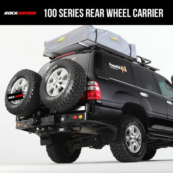 Black SUV with rear wheel carrier and roof tent on Rockarmor Steel Dual Wheel Carrier Gen III for Toyota Landcruiser FJ100 and Lexus 470
