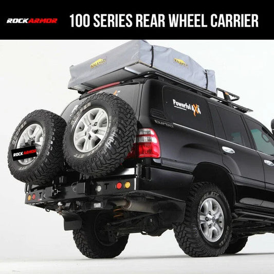 Black SUV with rear wheel carrier and roof tent on Rockarmor Steel Dual Wheel Carrier Gen III for Toyota Landcruiser FJ100 and Lexus 470