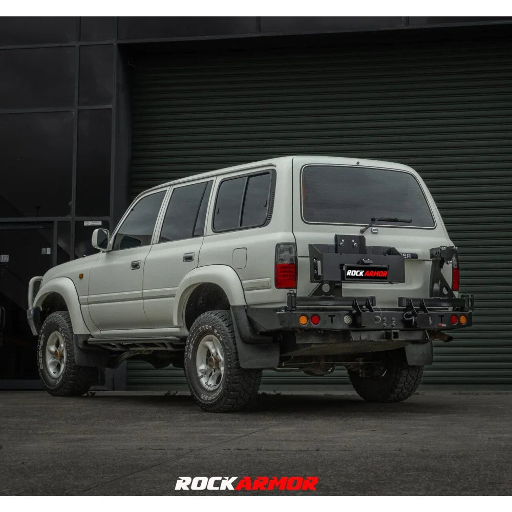 White SUV rear bumper with wheel carrier for spare wheel fitting video compatible with Toyota Landcruiser Fj80 1992-1997