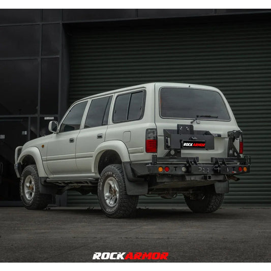 White SUV rear bumper with wheel carrier for spare wheel fitting video compatible with Toyota Landcruiser Fj80 1992-1997