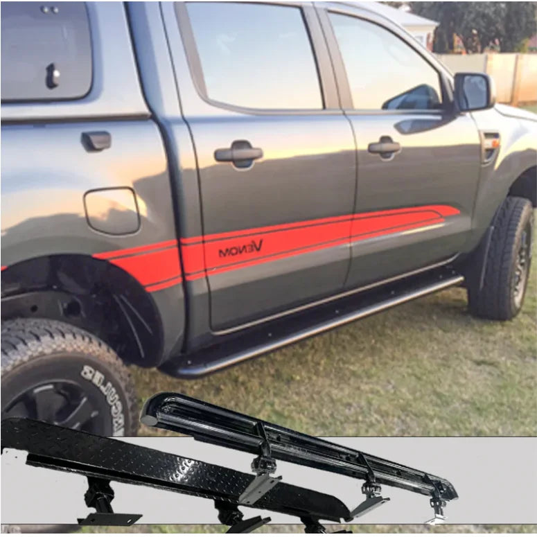 Gray pickup truck with red stripe showcasing Rockarmor Steel Rockslider Side Steps with steel checker plate