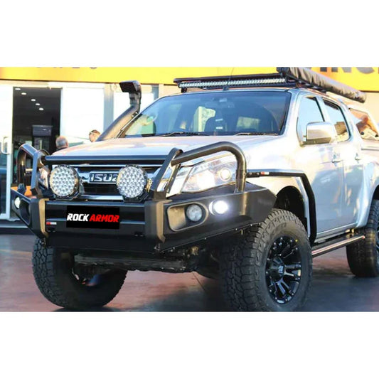 Silver Isuzu Dmax pickup truck with off-road steel checker plate rockslider side steps