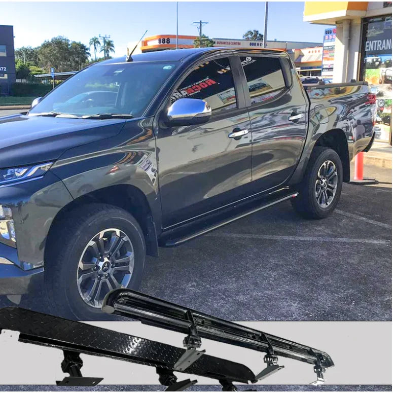 Black pickup truck side steps with checker plate surface for Mitsubishi Triton MQ and MR