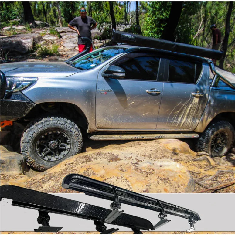 Silver off-road pickup truck with steel checker plate side steps for Toyota Hilux N80