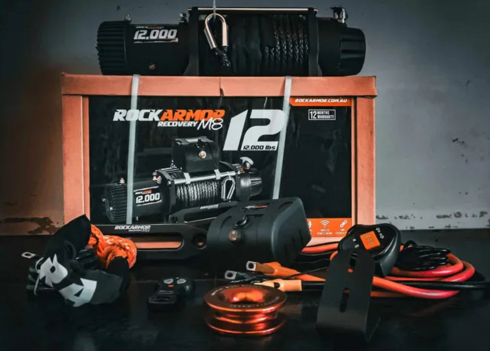 orange rockarmor winch and other revobery gear for 4x4 off-roading upgrades and safety